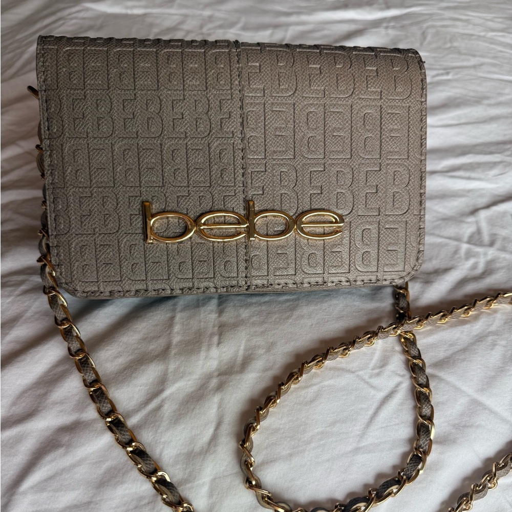 Bebe Beige Crossbody Bag with Gold Chain